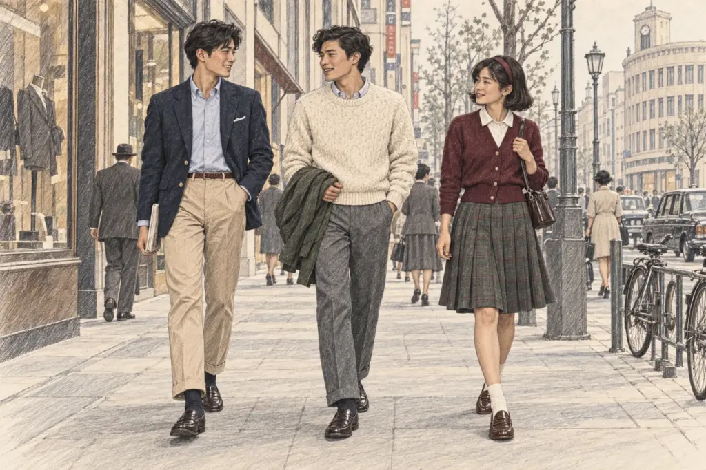 Drei junge japanische Erwachsene in Ivy-Looks der 1960er mit Oxford-Hemd, Blazer, Chino und Loafern