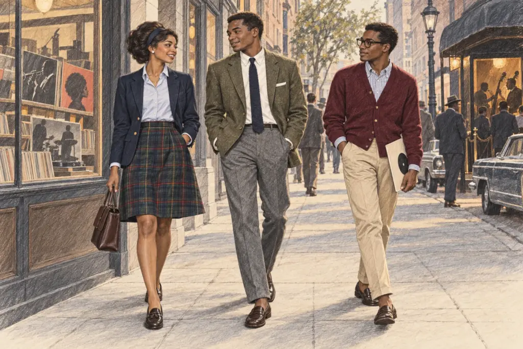 Drei Schwarze Erwachsene in Ivy-Looks der 1960er mit Sack-Suit, Rollkragen, Loafern und schmaler Krawatte