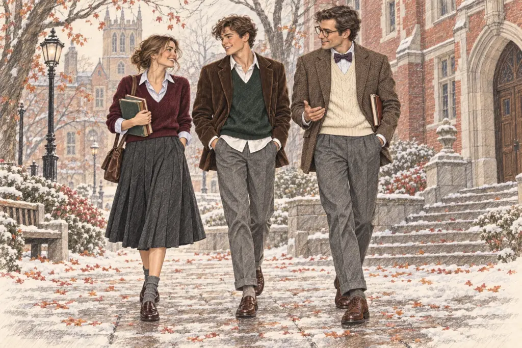 Drei junge Erwachsene in Boarding-School-Preppy-Looks mit Tweed, Cord, Flanell, Strick und Loafern auf winterlichem Campus