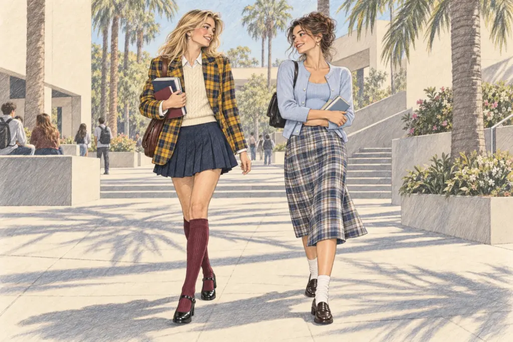 Zwei junge Frauen in eigenständigen 90er-Preppy-Looks mit Tartan, Cardigan, Kniestrümpfen und Loafern