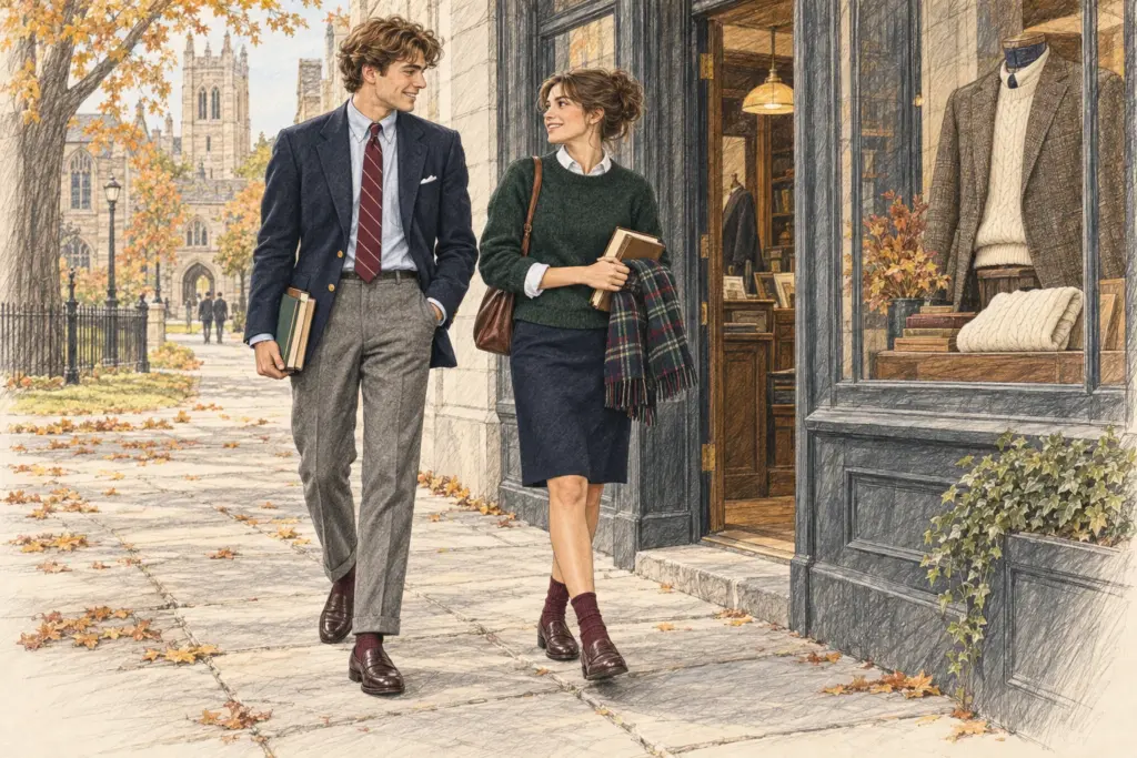 Junges Paar in klassischer Ivy-Garderobe mit Sack-Blazer, Oxford-Hemd, Shetland-Pullover und Loafern