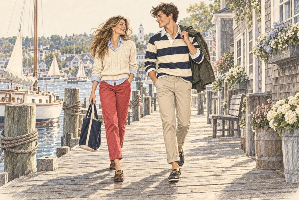 Junge Frau und junger Mann in New-England-Preppy-Outfits mit Cable Knit, Rugbyshirt, Chino und Bootsschuhen am Hafen