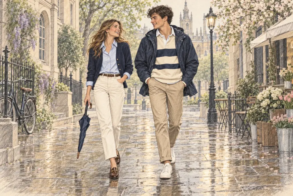 Junge Frau und junger Mann in leichten Preppy-Frühlingsoutfits mit Cardigan, Rugbyshirt, Chino und Loafern