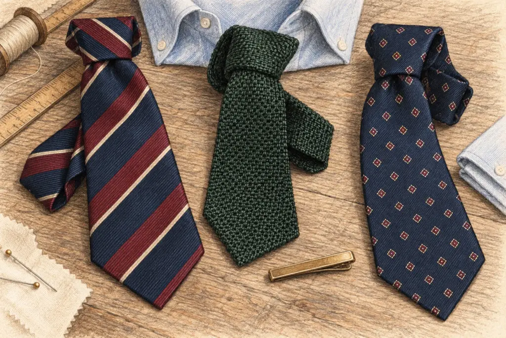 Stillleben aus Repp-, Club-, Strick- und Foulard-Krawatten in Navy, Burgund und Creme