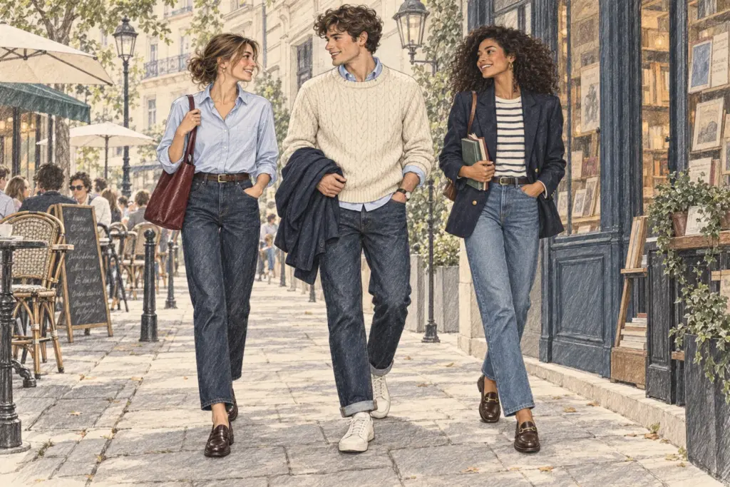 Drei junge Erwachsene in Preppy-Outfits mit geraden Jeans, Oxford-Hemd, Zopfstrick und Blazer