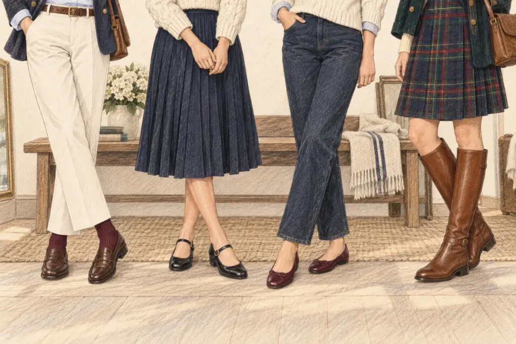 Vier Damen-Looks mit Loafern, Mary Janes, Ballerinas und Reitstiefeln im Preppy-Stil