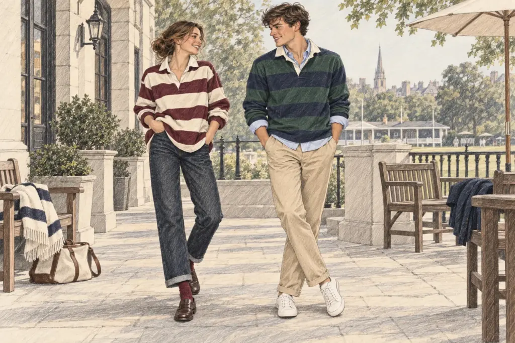Junge Frau und junger Mann in gestreiften Rugbyshirts mit Jeans, Chino, Loafern und Sneakern